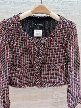 Authentic CHANEL Multicolor Tweed Cropped Jacket with Gold Buttons